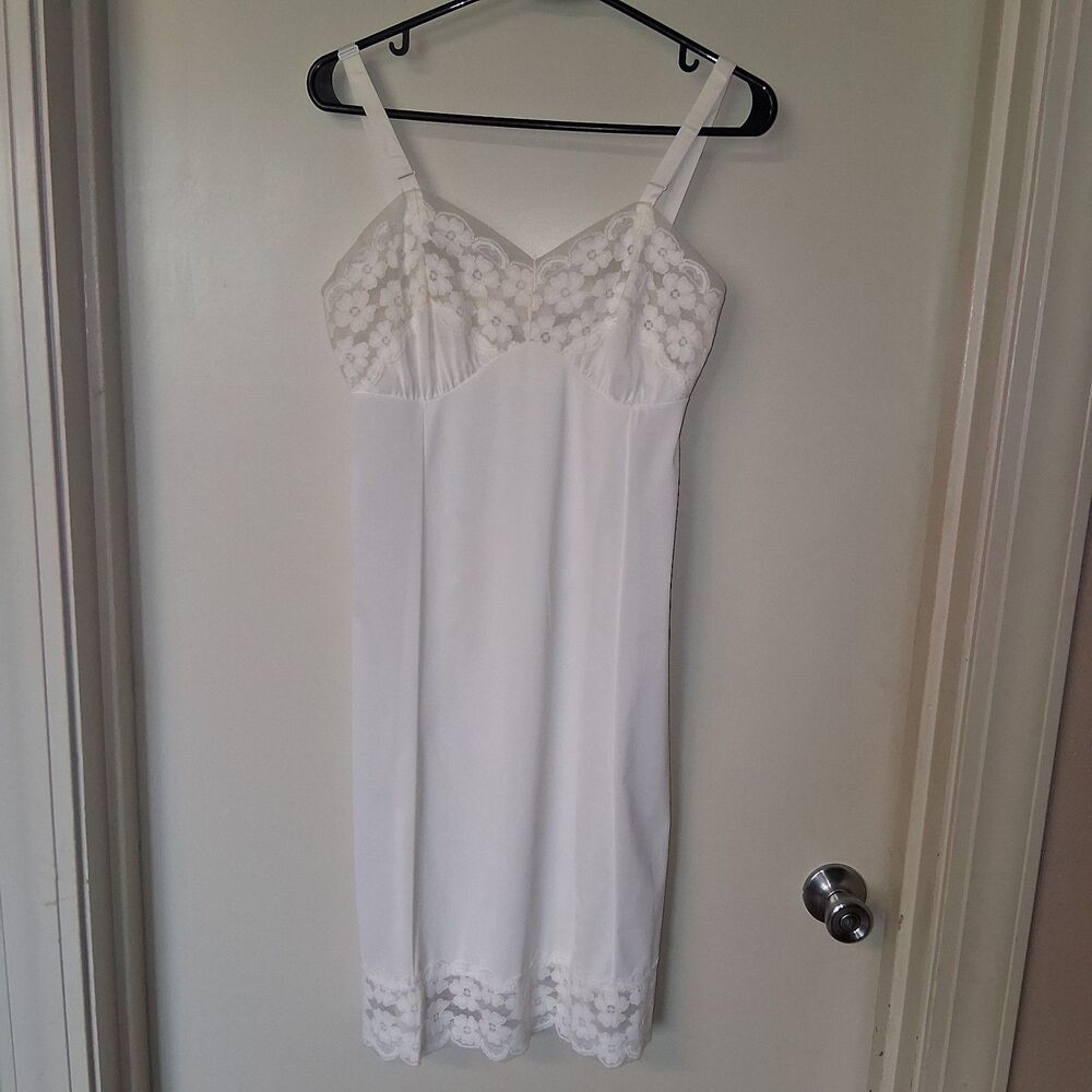 Vintage 60s Philmaid White Nylon Slip Dress S/M Romantic Lace Coquette Feminine
